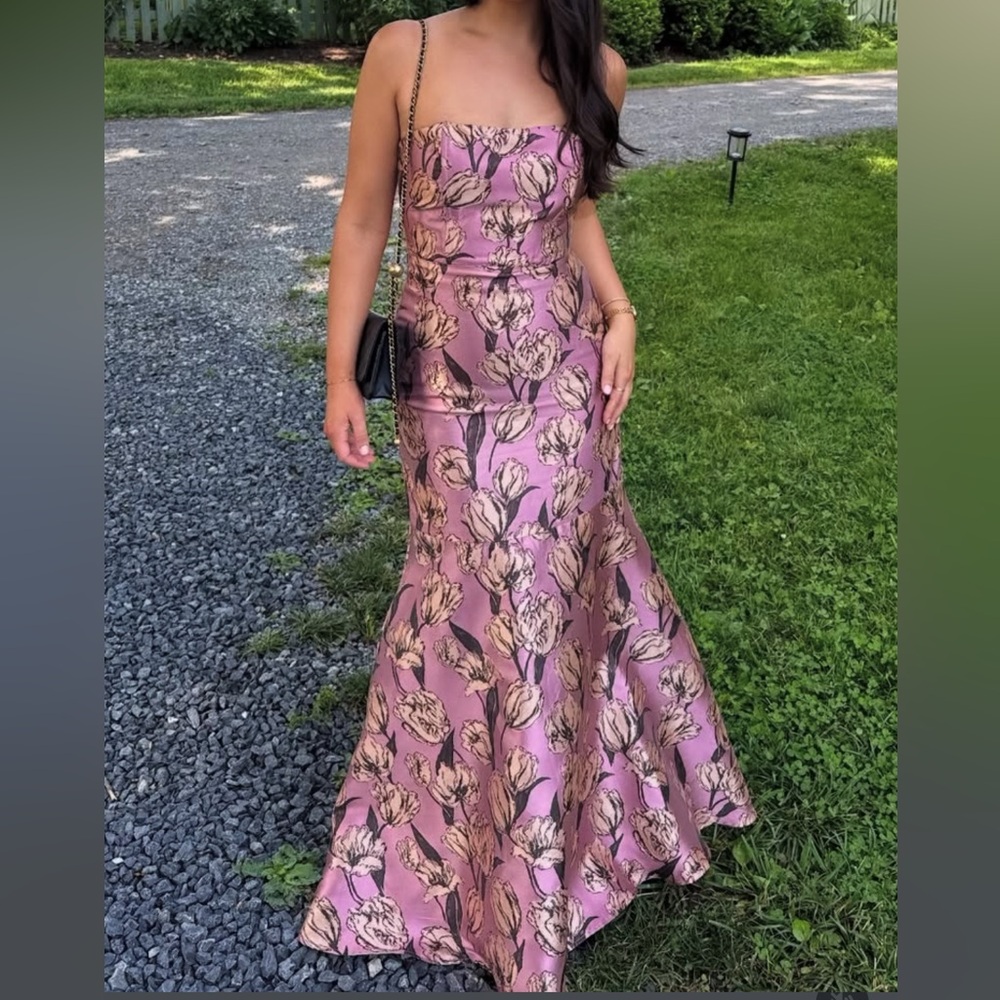 Lulu's Wedding Guest Strapless Floral Maxi Gown Mauve & Gold